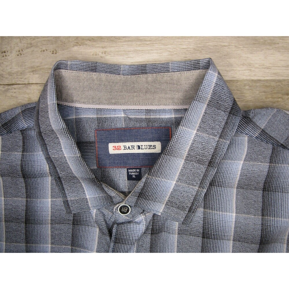 32 Bar Blues Abstract Check Plaid Gray Blue Button Down Shirt Long Sleeve Men XL